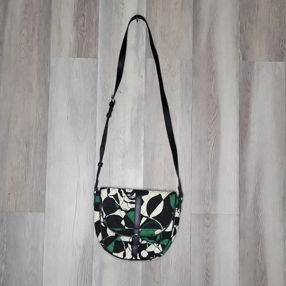 Vera Bradley Imperial Rose Green Black White Slim Saddle Bag Crossbody‎